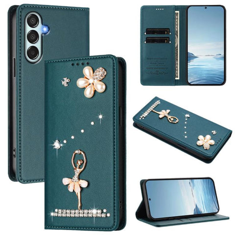 Ballet Girl Diamond Studded RFID Vegan Leather Phone Case, For Samsung Galaxy M15 5G / F15 5G, For Samsung Galaxy XCover7, For Samsung Galaxy A15 5G / 4G, For Samsung Galaxy A55 5G, For Samsung Galaxy A35 5G, For Samsung Galaxy M34 5G / F34 5G