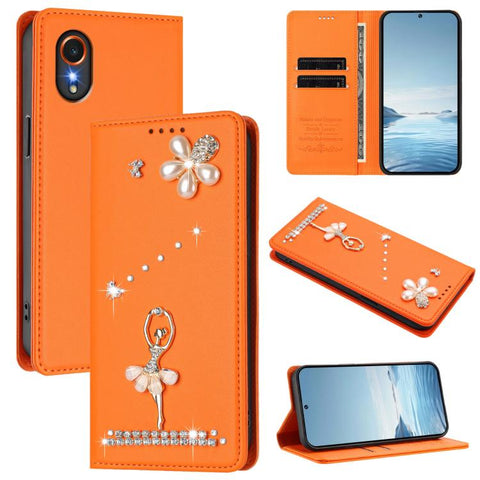 Ballet Girl Diamond Studded RFID Vegan Leather Phone Case, For Samsung Galaxy M15 5G / F15 5G, For Samsung Galaxy XCover7, For Samsung Galaxy A15 5G / 4G, For Samsung Galaxy A55 5G, For Samsung Galaxy A35 5G, For Samsung Galaxy M34 5G / F34 5G