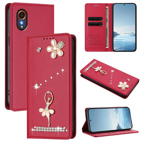 Ballet Girl Diamond Studded RFID Vegan Leather Phone Case, For Samsung Galaxy M15 5G / F15 5G, For Samsung Galaxy XCover7, For Samsung Galaxy A15 5G / 4G, For Samsung Galaxy A55 5G, For Samsung Galaxy A35 5G, For Samsung Galaxy M34 5G / F34 5G