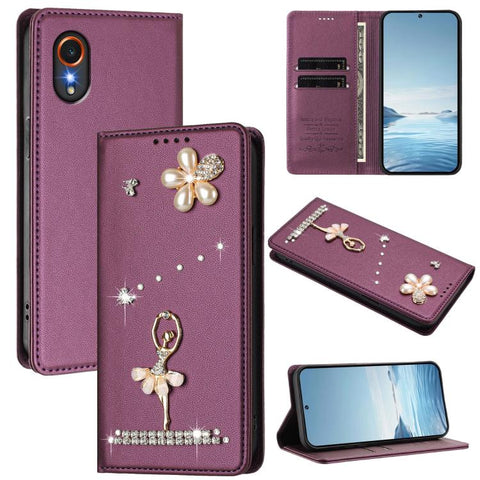 Ballet Girl Diamond Studded RFID Vegan Leather Phone Case, For Samsung Galaxy M15 5G / F15 5G, For Samsung Galaxy XCover7, For Samsung Galaxy A15 5G / 4G, For Samsung Galaxy A55 5G, For Samsung Galaxy A35 5G, For Samsung Galaxy M34 5G / F34 5G