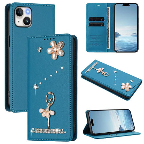 Ballet Girl Diamond Studded RFID Vegan Leather Phone Case, For iPhone 16 Pro, For iPhone 16 Plus, For iPhone 16, For iPhone 15 Pro Max, For iPhone 15 Pro, For iPhone 15 Plus