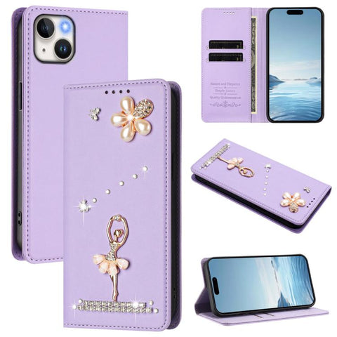 Ballet Girl Diamond Studded RFID Vegan Leather Phone Case, For iPhone 16 Pro, For iPhone 16 Plus, For iPhone 16, For iPhone 15 Pro Max, For iPhone 15 Pro, For iPhone 15 Plus