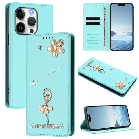 Ballet Girl Diamond Studded RFID Vegan Leather Phone Case, For iPhone 16 Pro, For iPhone 16 Plus, For iPhone 16, For iPhone 15 Pro Max, For iPhone 15 Pro, For iPhone 15 Plus