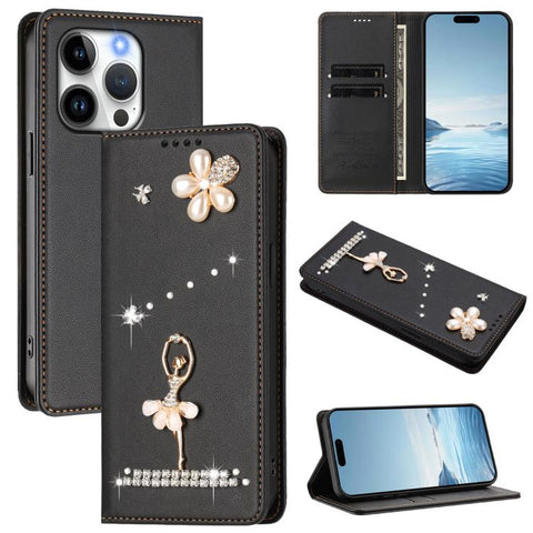 Ballet Girl Diamond Studded RFID Vegan Leather Phone Case, For iPhone 16 Pro, For iPhone 16 Plus, For iPhone 16, For iPhone 15 Pro Max, For iPhone 15 Pro, For iPhone 15 Plus