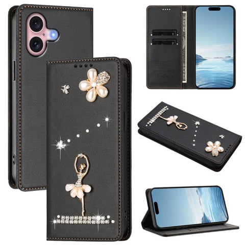 Ballet Girl Diamond Studded RFID Vegan Leather Phone Case, For iPhone 16 Pro, For iPhone 16 Plus, For iPhone 16, For iPhone 15 Pro Max, For iPhone 15 Pro, For iPhone 15 Plus