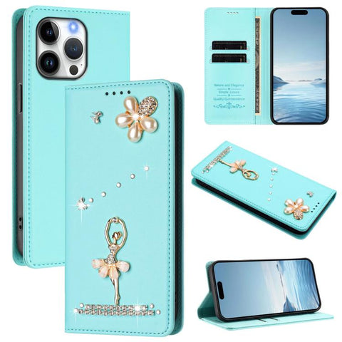 Ballet Girl Diamond Studded RFID Vegan Leather Phone Case, For iPhone 18 Pro / 17 Pro, For iPhone 18 Pro Max / 17 Pro Max, For iPhone 17e / 16e, For iPhone 17, For iPhone Air, For iPhone 16 Pro Max