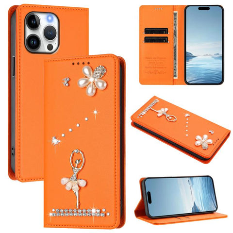 Ballet Girl Diamond Studded RFID Vegan Leather Phone Case, For iPhone 18 Pro / 17 Pro, For iPhone 18 Pro Max / 17 Pro Max, For iPhone 17e / 16e, For iPhone 17, For iPhone Air, For iPhone 16 Pro Max