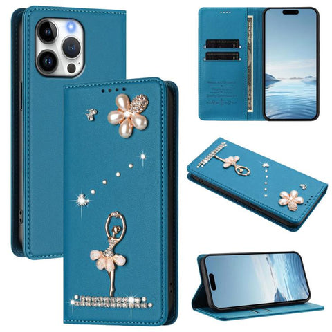 Ballet Girl Diamond Studded RFID Vegan Leather Phone Case, For iPhone 18 Pro / 17 Pro, For iPhone 18 Pro Max / 17 Pro Max, For iPhone 17e / 16e, For iPhone 17, For iPhone Air, For iPhone 16 Pro Max
