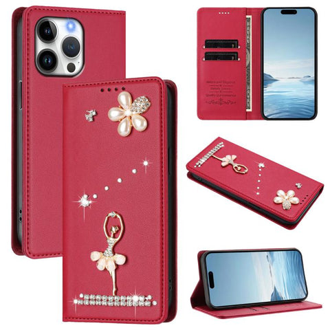 Ballet Girl Diamond Studded RFID Vegan Leather Phone Case, For iPhone 18 Pro / 17 Pro, For iPhone 18 Pro Max / 17 Pro Max, For iPhone 17e / 16e, For iPhone 17, For iPhone Air, For iPhone 16 Pro Max