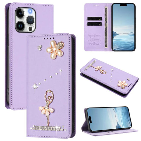 Ballet Girl Diamond Studded RFID Vegan Leather Phone Case, For iPhone 18 Pro / 17 Pro, For iPhone 18 Pro Max / 17 Pro Max, For iPhone 17e / 16e, For iPhone 17, For iPhone Air, For iPhone 16 Pro Max