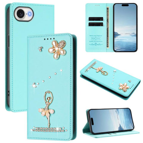 Ballet Girl Diamond Studded RFID Vegan Leather Phone Case, For iPhone 18 Pro / 17 Pro, For iPhone 18 Pro Max / 17 Pro Max, For iPhone 17e / 16e, For iPhone 17, For iPhone Air, For iPhone 16 Pro Max