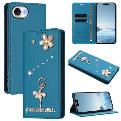 Ballet Girl Diamond Studded RFID Vegan Leather Phone Case, For iPhone 18 Pro / 17 Pro, For iPhone 18 Pro Max / 17 Pro Max, For iPhone 17e / 16e, For iPhone 17, For iPhone Air, For iPhone 16 Pro Max
