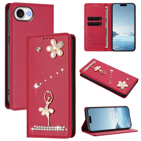 Ballet Girl Diamond Studded RFID Vegan Leather Phone Case, For iPhone 18 Pro / 17 Pro, For iPhone 18 Pro Max / 17 Pro Max, For iPhone 17e / 16e, For iPhone 17, For iPhone Air, For iPhone 16 Pro Max