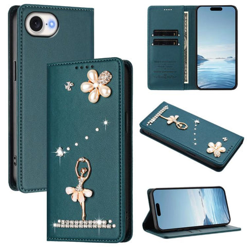 Ballet Girl Diamond Studded RFID Vegan Leather Phone Case, For iPhone 18 Pro / 17 Pro, For iPhone 18 Pro Max / 17 Pro Max, For iPhone 17e / 16e, For iPhone 17, For iPhone Air, For iPhone 16 Pro Max