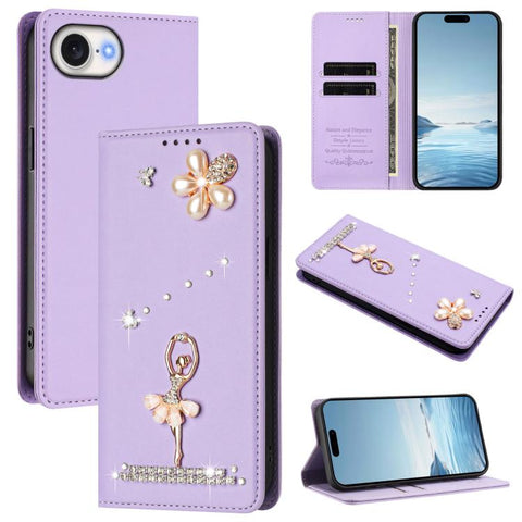 Ballet Girl Diamond Studded RFID Vegan Leather Phone Case, For iPhone 18 Pro / 17 Pro, For iPhone 18 Pro Max / 17 Pro Max, For iPhone 17e / 16e, For iPhone 17, For iPhone Air, For iPhone 16 Pro Max