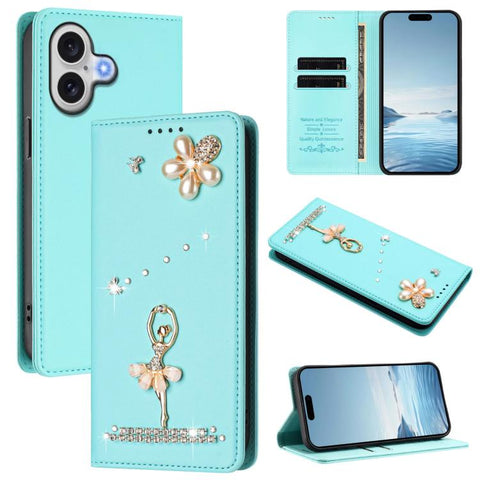 Ballet Girl Diamond Studded RFID Vegan Leather Phone Case, For iPhone 18 Pro / 17 Pro, For iPhone 18 Pro Max / 17 Pro Max, For iPhone 17e / 16e, For iPhone 17, For iPhone Air, For iPhone 16 Pro Max