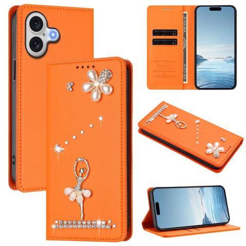 Ballet Girl Diamond Studded RFID Vegan Leather Phone Case, For iPhone 18 Pro / 17 Pro, For iPhone 18 Pro Max / 17 Pro Max, For iPhone 17e / 16e, For iPhone 17, For iPhone Air, For iPhone 16 Pro Max