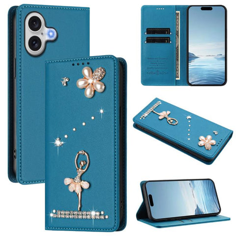 Ballet Girl Diamond Studded RFID Vegan Leather Phone Case, For iPhone 18 Pro / 17 Pro, For iPhone 18 Pro Max / 17 Pro Max, For iPhone 17e / 16e, For iPhone 17, For iPhone Air, For iPhone 16 Pro Max