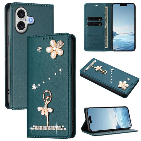Ballet Girl Diamond Studded RFID Vegan Leather Phone Case, For iPhone 18 Pro / 17 Pro, For iPhone 18 Pro Max / 17 Pro Max, For iPhone 17e / 16e, For iPhone 17, For iPhone Air, For iPhone 16 Pro Max