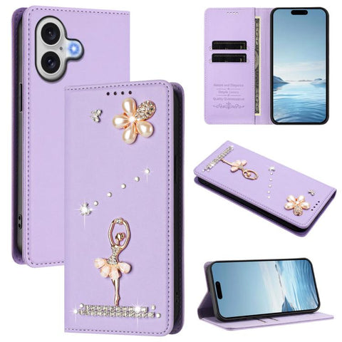 Ballet Girl Diamond Studded RFID Vegan Leather Phone Case, For iPhone 18 Pro / 17 Pro, For iPhone 18 Pro Max / 17 Pro Max, For iPhone 17e / 16e, For iPhone 17, For iPhone Air, For iPhone 16 Pro Max