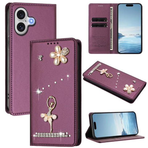 Ballet Girl Diamond Studded RFID Vegan Leather Phone Case, For iPhone 18 Pro / 17 Pro, For iPhone 18 Pro Max / 17 Pro Max, For iPhone 17e / 16e, For iPhone 17, For iPhone Air, For iPhone 16 Pro Max