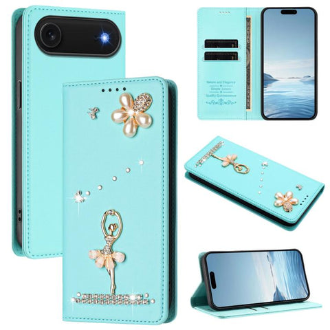 Ballet Girl Diamond Studded RFID Vegan Leather Phone Case, For iPhone 18 Pro / 17 Pro, For iPhone 18 Pro Max / 17 Pro Max, For iPhone 17e / 16e, For iPhone 17, For iPhone Air, For iPhone 16 Pro Max