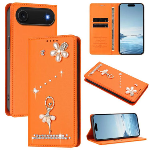 Ballet Girl Diamond Studded RFID Vegan Leather Phone Case, For iPhone 18 Pro / 17 Pro, For iPhone 18 Pro Max / 17 Pro Max, For iPhone 17e / 16e, For iPhone 17, For iPhone Air, For iPhone 16 Pro Max