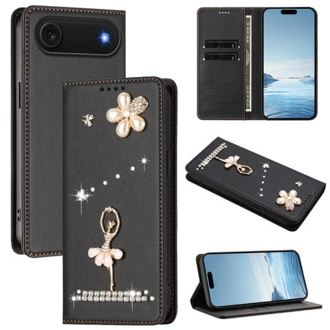 Ballet Girl Diamond Studded RFID Vegan Leather Phone Case, For iPhone 18 Pro / 17 Pro, For iPhone 18 Pro Max / 17 Pro Max, For iPhone 17e / 16e, For iPhone 17, For iPhone Air, For iPhone 16 Pro Max