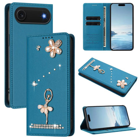 Ballet Girl Diamond Studded RFID Vegan Leather Phone Case, For iPhone 18 Pro / 17 Pro, For iPhone 18 Pro Max / 17 Pro Max, For iPhone 17e / 16e, For iPhone 17, For iPhone Air, For iPhone 16 Pro Max