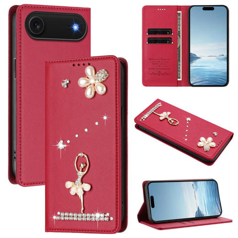 Ballet Girl Diamond Studded RFID Vegan Leather Phone Case, For iPhone 18 Pro / 17 Pro, For iPhone 18 Pro Max / 17 Pro Max, For iPhone 17e / 16e, For iPhone 17, For iPhone Air, For iPhone 16 Pro Max