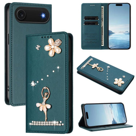 Ballet Girl Diamond Studded RFID Vegan Leather Phone Case, For iPhone 18 Pro / 17 Pro, For iPhone 18 Pro Max / 17 Pro Max, For iPhone 17e / 16e, For iPhone 17, For iPhone Air, For iPhone 16 Pro Max