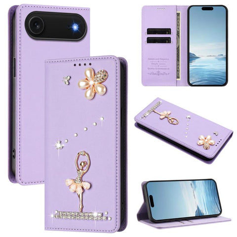 Ballet Girl Diamond Studded RFID Vegan Leather Phone Case, For iPhone 18 Pro / 17 Pro, For iPhone 18 Pro Max / 17 Pro Max, For iPhone 17e / 16e, For iPhone 17, For iPhone Air, For iPhone 16 Pro Max