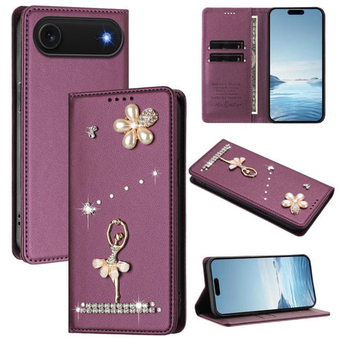 Ballet Girl Diamond Studded RFID Vegan Leather Phone Case, For iPhone 18 Pro / 17 Pro, For iPhone 18 Pro Max / 17 Pro Max, For iPhone 17e / 16e, For iPhone 17, For iPhone Air, For iPhone 16 Pro Max