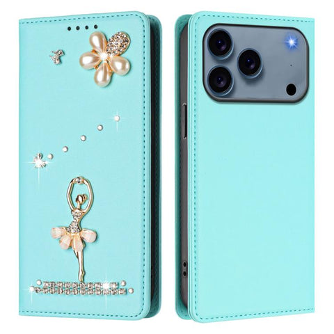 Ballet Girl Diamond Studded RFID Vegan Leather Phone Case, For iPhone 18 Pro / 17 Pro, For iPhone 18 Pro Max / 17 Pro Max, For iPhone 17e / 16e, For iPhone 17, For iPhone Air, For iPhone 16 Pro Max