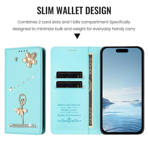 Ballet Girl Diamond Studded RFID Vegan Leather Phone Case, For iPhone 18 Pro / 17 Pro, For iPhone 18 Pro Max / 17 Pro Max, For iPhone 17e / 16e, For iPhone 17, For iPhone Air, For iPhone 16 Pro Max