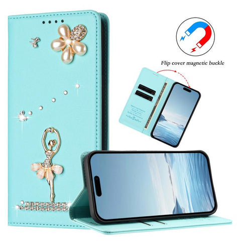 Ballet Girl Diamond Studded RFID Vegan Leather Phone Case, For iPhone 18 Pro / 17 Pro, For iPhone 18 Pro Max / 17 Pro Max, For iPhone 17e / 16e, For iPhone 17, For iPhone Air, For iPhone 16 Pro Max