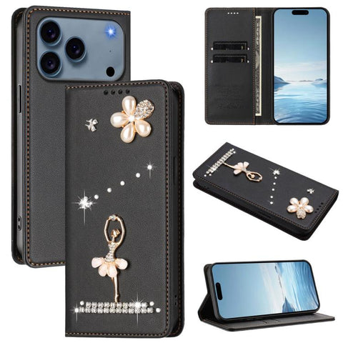 Ballet Girl Diamond Studded RFID Vegan Leather Phone Case, For iPhone 18 Pro / 17 Pro, For iPhone 18 Pro Max / 17 Pro Max, For iPhone 17e / 16e, For iPhone 17, For iPhone Air, For iPhone 16 Pro Max