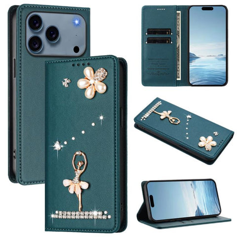 Ballet Girl Diamond Studded RFID Vegan Leather Phone Case, For iPhone 18 Pro / 17 Pro, For iPhone 18 Pro Max / 17 Pro Max, For iPhone 17e / 16e, For iPhone 17, For iPhone Air, For iPhone 16 Pro Max