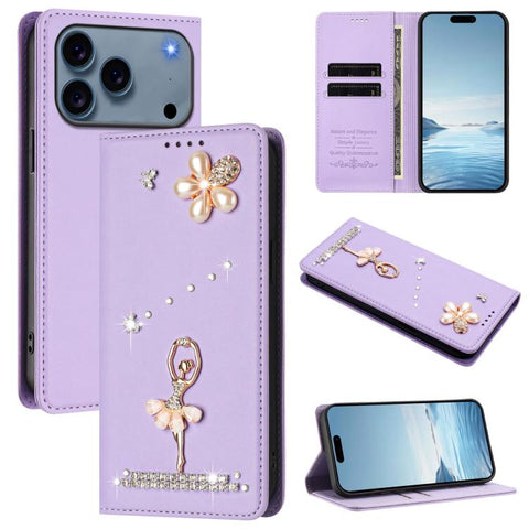 Ballet Girl Diamond Studded RFID Vegan Leather Phone Case, For iPhone 18 Pro / 17 Pro, For iPhone 18 Pro Max / 17 Pro Max, For iPhone 17e / 16e, For iPhone 17, For iPhone Air, For iPhone 16 Pro Max