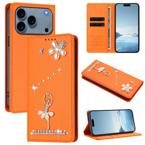 Ballet Girl Diamond Studded RFID Vegan Leather Phone Case, For iPhone 18 Pro / 17 Pro, For iPhone 18 Pro Max / 17 Pro Max, For iPhone 17e / 16e, For iPhone 17, For iPhone Air, For iPhone 16 Pro Max
