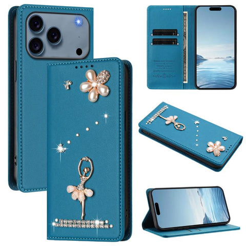 Ballet Girl Diamond Studded RFID Vegan Leather Phone Case, For iPhone 18 Pro / 17 Pro, For iPhone 18 Pro Max / 17 Pro Max, For iPhone 17e / 16e, For iPhone 17, For iPhone Air, For iPhone 16 Pro Max