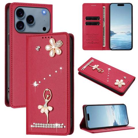 Ballet Girl Diamond Studded RFID Vegan Leather Phone Case, For iPhone 18 Pro / 17 Pro, For iPhone 18 Pro Max / 17 Pro Max, For iPhone 17e / 16e, For iPhone 17, For iPhone Air, For iPhone 16 Pro Max