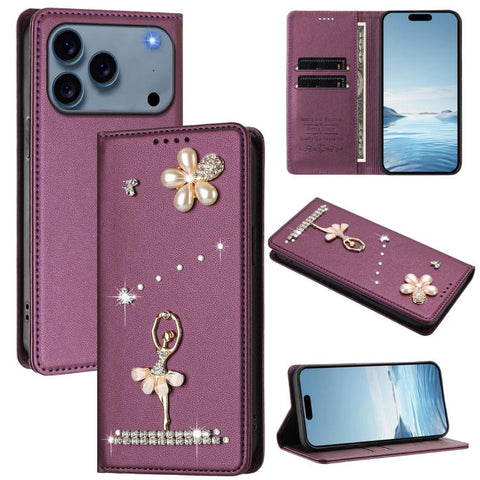 Ballet Girl Diamond Studded RFID Vegan Leather Phone Case, For iPhone 18 Pro / 17 Pro, For iPhone 18 Pro Max / 17 Pro Max, For iPhone 17e / 16e, For iPhone 17, For iPhone Air, For iPhone 16 Pro Max