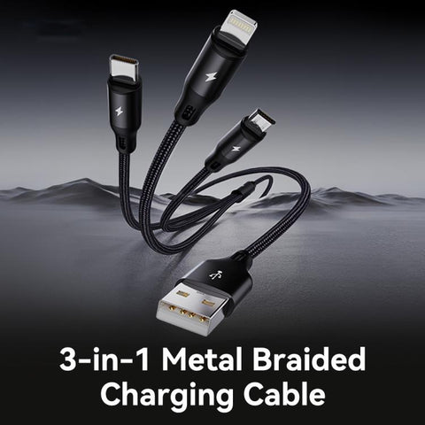 ROCK RCB0790 1.2m 3-in-1 USB to 8 Pin + Type-C + Micro USB Metal Braided Charging Cable, RCB0790