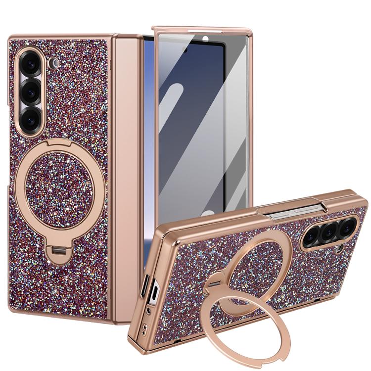 VIETAO Flash Diamond Privacy Tempered Glass Integrated Magnetic Bracket Phone Case, For Samsung Galaxy Z Fold7 5G, For Samsung Galaxy Z Fold6 5G
