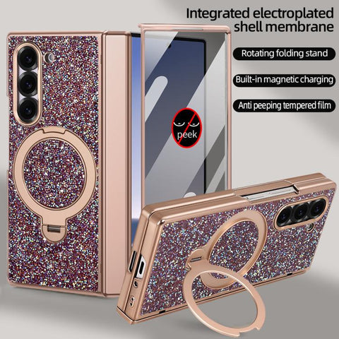 VIETAO Flash Diamond Privacy Tempered Glass Integrated Magnetic Bracket Phone Case, For Samsung Galaxy Z Fold7 5G, For Samsung Galaxy Z Fold6 5G