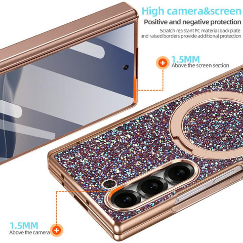 VIETAO Flash Diamond Privacy Tempered Glass Integrated Magnetic Bracket Phone Case, For Samsung Galaxy Z Fold7 5G, For Samsung Galaxy Z Fold6 5G