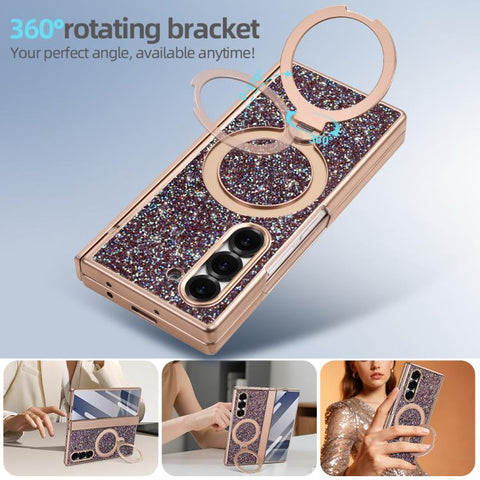 VIETAO Flash Diamond Privacy Tempered Glass Integrated Magnetic Bracket Phone Case, For Samsung Galaxy Z Fold7 5G, For Samsung Galaxy Z Fold6 5G