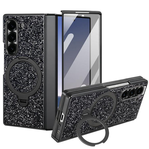 VIETAO Flash Diamond Privacy Tempered Glass Integrated Magnetic Bracket Phone Case, For Samsung Galaxy Z Fold7 5G, For Samsung Galaxy Z Fold6 5G
