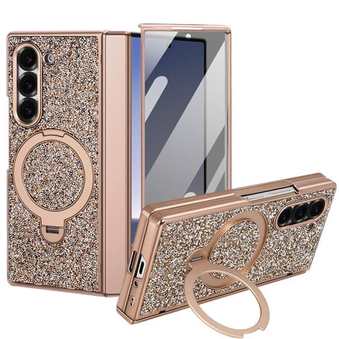 VIETAO Flash Diamond Privacy Tempered Glass Integrated Magnetic Bracket Phone Case, For Samsung Galaxy Z Fold7 5G, For Samsung Galaxy Z Fold6 5G